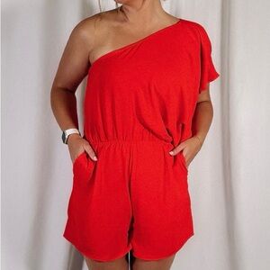 Red One Shoulder  Romper